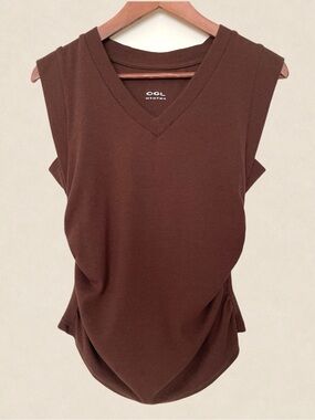 OGL Ribbed V-Neck Sleeveless Tank Top Brown Ruched Sides Stretch Minimalist Med